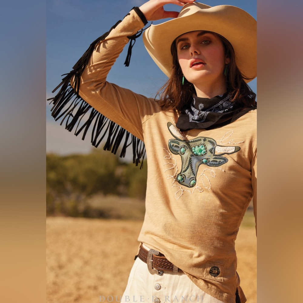 Double D ranch longhorn longe sleeve fringe top embrodied beaded RTL $225 NWT S